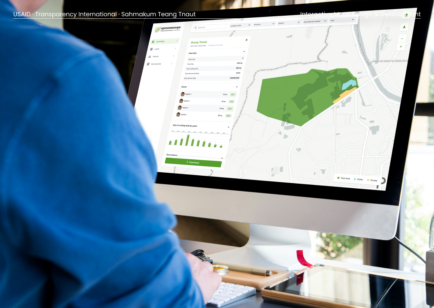 The land-data platform on a desktop, showing a mapped land parcel with its size, owners and sub-decree details